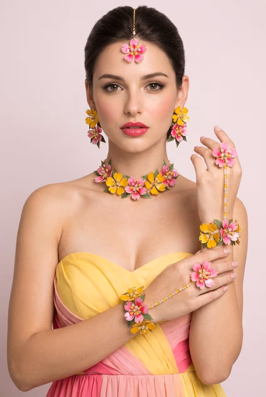 Yellow-Pink Resin Bridal Jewellery Set – Haldi & Mehndi