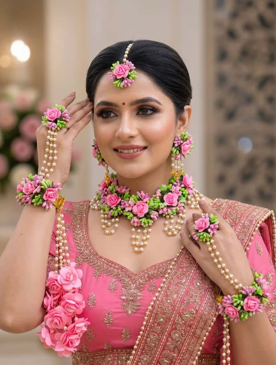 Pink-Green Bridal Flower Jewellery with Kaliras – Haldi & Mehndi