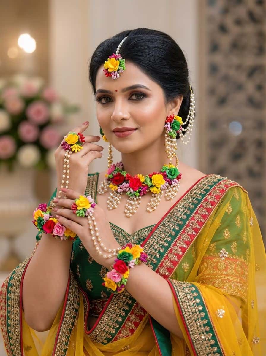 Multicolored Bridal Floral Jewellery Set – Haldi & Mehndi